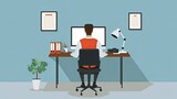 Fototapeta Motyle - Man is sitting at desktop, Work the computer, Flat style illustration. on blue background.