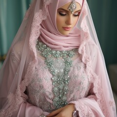 Wall Mural - Beautiful Muslim Woman in Pink Veil. Fictional character created by Generated AI. 