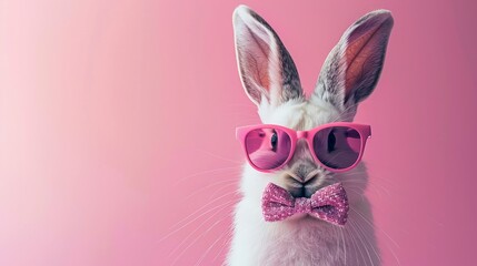 Fun Easter concept Holiday Animal celebration greeting card - Cool Easter Bunny, bunny with pink sunglasses on solid color background