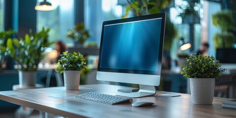 close up of computer on white table in blurred background