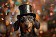 A close-up of a dachshund donning a top hat and monocle, surrounded by patterns of colorful confetti, exuding a whimsical and playful atmosphere.