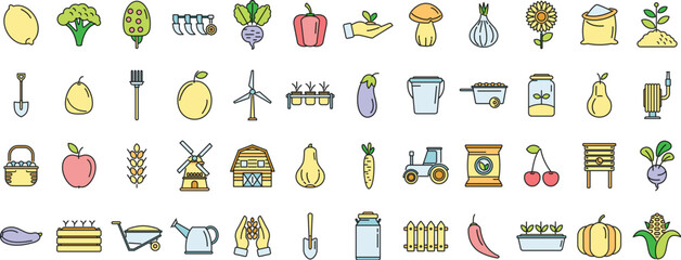 Poster - Eco farming icons set outline vector. Agriculture farmer. Local produce thin line color flat isolated