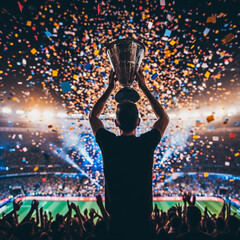 Wall Mural - Football player winner holds trophy cup in hands at stadium