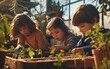 Diverse school children gardening in school orchard during gardening or botany lesson