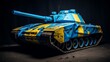 Ukraine flag adorned battle tank  symbol of military might and defense on the battlefield