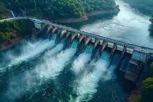 Harnessing Sustainable Energy: Overhead View Of A Hydroelectric Dam. Concept Sustainable Energy, Hydroelectric Dam, Overhead View, Renewable Resources, Energy Production