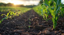 Row Of Corn Plants Growing In Field