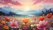 spring landscape with flowers, Surrealistic painting  Beautiful spring flower field background