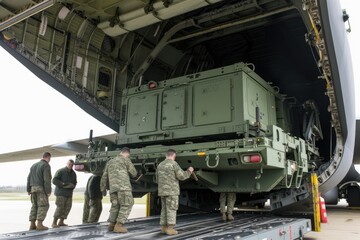 The military is loading cargo into a military cargo plane.