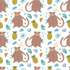 Wall Mural - Cute monkey seamless pattern. Tropical fruits, plants, abstract elements. For background, clothing, wallpaper, packaging, wrapping paper, cover