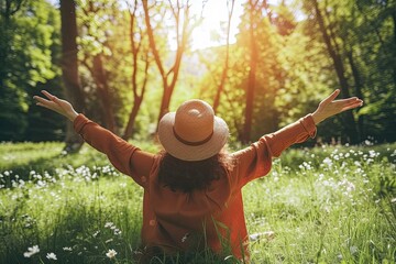 Wall Mural - A woman with her hands raised in nature in the radiance and rays of the sun. Close-up. Rear view. A woman enjoys nature and the sun