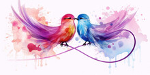 Two Watercolor Birds With Infinity Symbol, Love Birds ???????????????