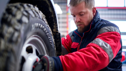 A workshop employee replaces a wheel on a car in winter.