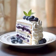 Delicious blueberry cake with buttercream frosting and fresh blueberries on a plate, blurry background 