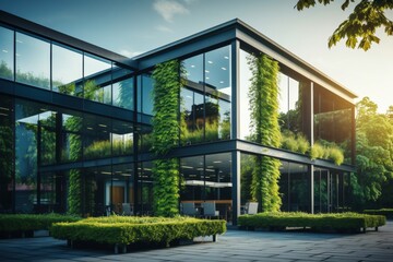 Sustainable glass office building in modern city with green environment for co2 reduction