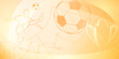 Football themed background in yellow tones with abstract lines and curves, with sport symbols such as a football player, stadium, ball and cup