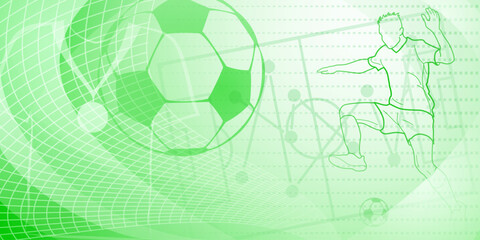 Wall Mural - Football themed background in green tones with abstract dotted lines, meshes and curves, with sport symbols such as a football player, stadium and ball