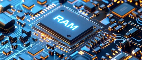A close-up view with the acronym RAM displayed on a microchip, representing the concept of Random Access Memory.
