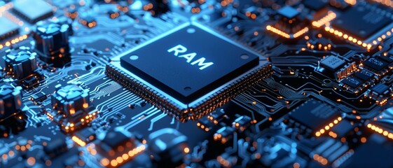 A close-up view with the acronym RAM displayed on a microchip, representing the concept of Random Access Memory.
