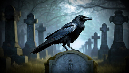 Closeup and bottom view of a black crow or raven standing on a tombstone in a spooky cemetery. Halloween concept. Generative Ai.