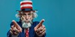 Old Man Dressed as Uncle Sam for the 4th of July on a Blue Background 