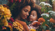An african american mother and her doughter hugging each other surrounded flowers. Mother's day card. 