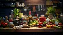 Dynamic Shot Of A Bustling Kitchen Counter,
