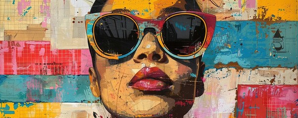 Wall Mural - Mixed-Media colorful portrait of woman in modern sunglasses with different collage elements