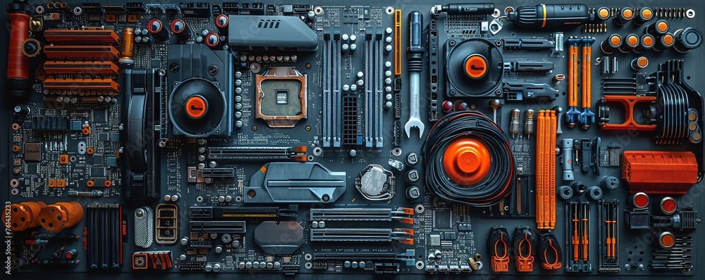 PC hardware components, various tools and wires. Stock Photo | Adobe Stock