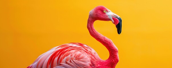 Pink flamingo in yellow background