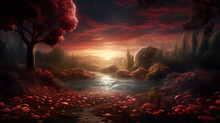 Fantasy Landscape With A River, Trees, And Red Flowers In The Foreground, With A Sunset In The Background.