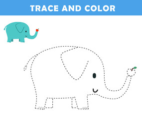 Wall Mural - Trace and color for children. Handwriting practice. Coloring page for kids. Preschool worksheet with cute elephant illustration.