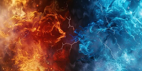 Wall Mural - illustration of a fight between fire and ice on a black background, symbol, background, wallpaper.