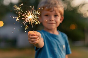 Cute American Boy Celebrating Independence Day with a 4th of July Sparkler