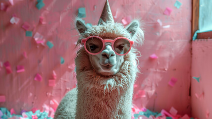 Wall Mural - A llama wearing sunglasses and a party hat
