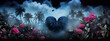 Surreal blue heart shaped jungle with pink flowers and a black butterfly