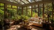 Sunroom with sliding glass doors opening to a tranquil courtyard.
