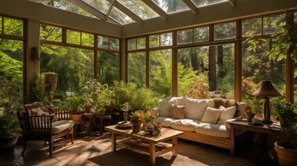 Sunroom with sliding glass doors opening to a tranquil courtyard.