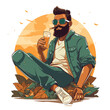 Bearded man chill out with glass of beers illustration