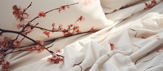 Wall Mural - A bed adorned with a sleeve of flowers, accompanied by a plush pillow and cozy blanket. The gentle gesture of natures beauty with twig and plant accents