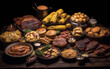 Still life of a large amount of food on a wooden table with a dark background.