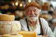 Elderly Artisan Cheesemaker with His Crafted Cheeses