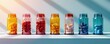 Glass medicine bottles mockup for vitamins or pills on colors
