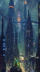 Wall Mural - futuristic night eco friendly city with glowing lights and tall unusual shaped buildings