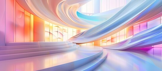 Wall Mural - A visually stunning 3D rendering of a futuristic building showcasing art with electric blue stairs, magenta ceiling, intricate patterns, and artistic font