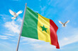 Waving flag of Senegal in beautiful sky and flying pigeons. Senegal flag for independence day. The symbol of the state on wavy fabric.