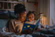 parent and child reading a book, woman reading a bedtime story to her child in a cozy bed
