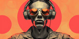Fototapeta Tęcza - Stylish man in headphones listens to music. Creative poster collage design