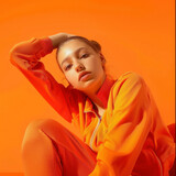 Fototapeta Tęcza - Stylish monochrome portrait of a girl. Orange colors, positive mood