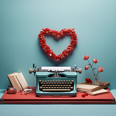 Blue retro typewriter and heart-shaped wreath of red flowers